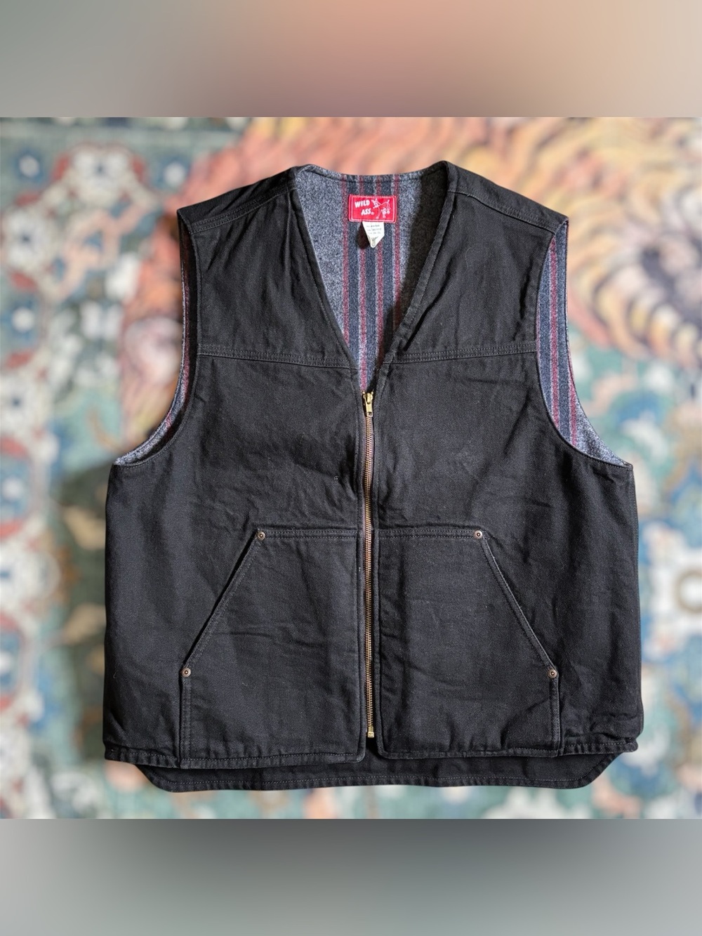 Vintage Wild Ass Canvas Vest Blanket Lined Full Zip Workwear Black XL USA Made